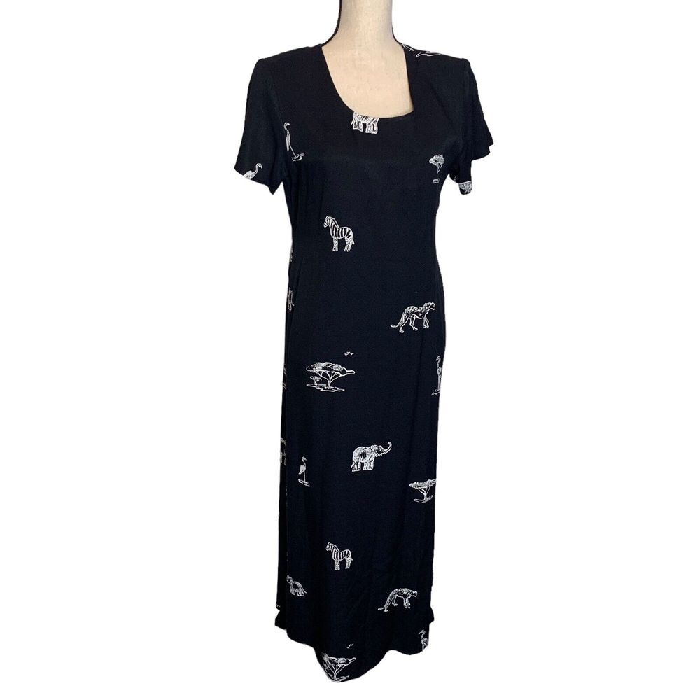 Connie Choi‎ Dress Womens Medium Black Animal Print Tie Back Maxi Vintage